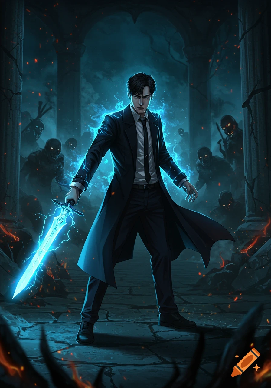 An anime illustration of a man in a black coat holding a glowing blue sword, surrounded by shadowy monsters in a dark, ruined setting.