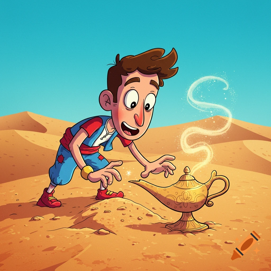 A cartoon man in traditional attire crouches in a desert, looking at a golden magic lamp from which smoke is rising.