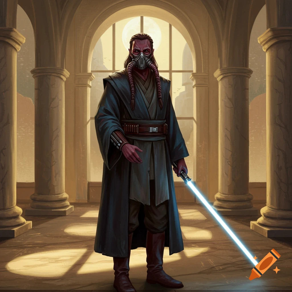 A Keldor Jedi Master in robes holds a glowing blue lightsaber, standing under arches in a sunlit hall.