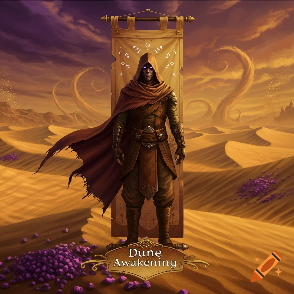 A mysterious robed man stands in a vast desert with sand dunes and purple spice, in front of a banner. Text says 'Dune Awakening'.