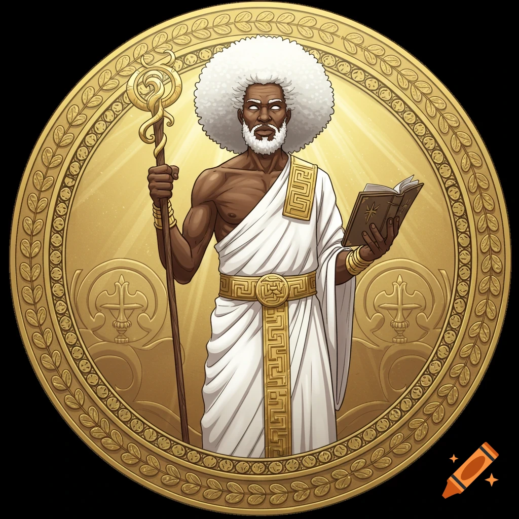 A stylized depiction of a Black man with white afro and beard, wearing a white robe with a golden belt, holding a staff and a book, radiating light within a golden circular seal.