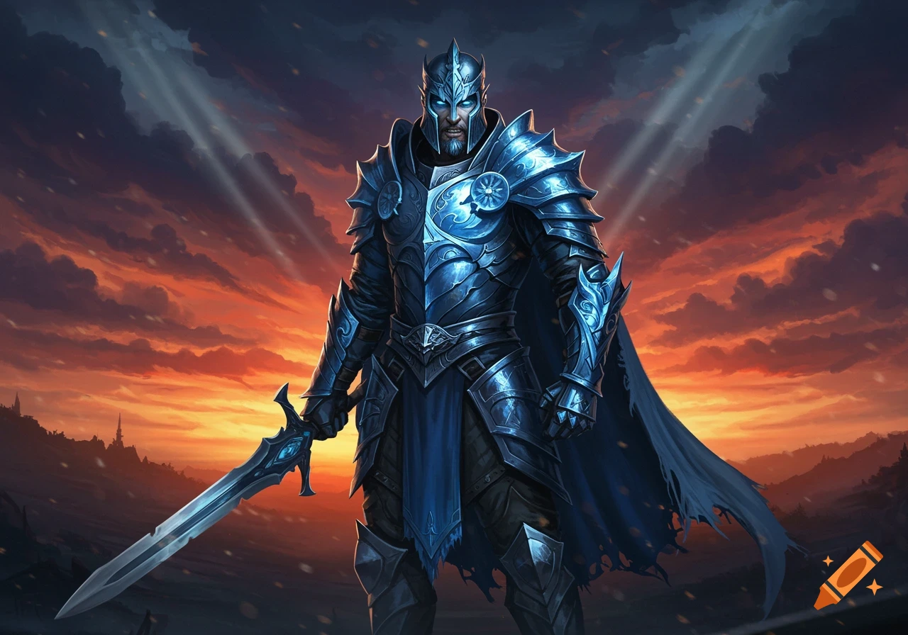 A knight in ornate blue armor stands holding a glowing sword against a dramatic orange and blue sky with light rays.