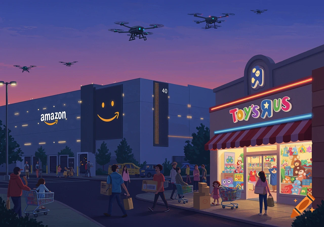 An animated twilight scene shows an Amazon warehouse with a smiley face logo and drones flying above, next to a brightly lit Toys R Us store with shoppers outside.