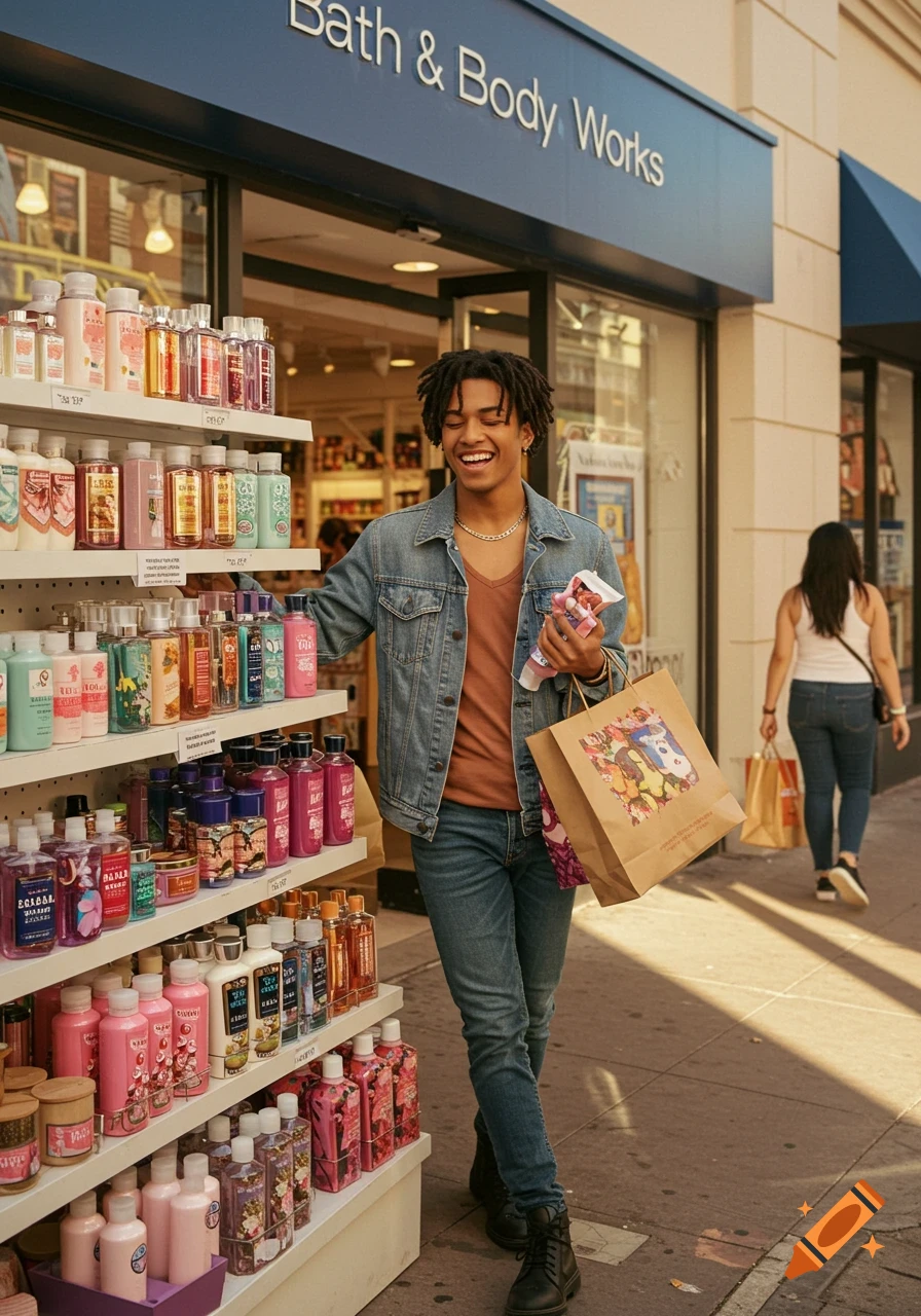 A smiling young man stands outside a Bath & Body Works store, holding shopping bags on a sunny street.