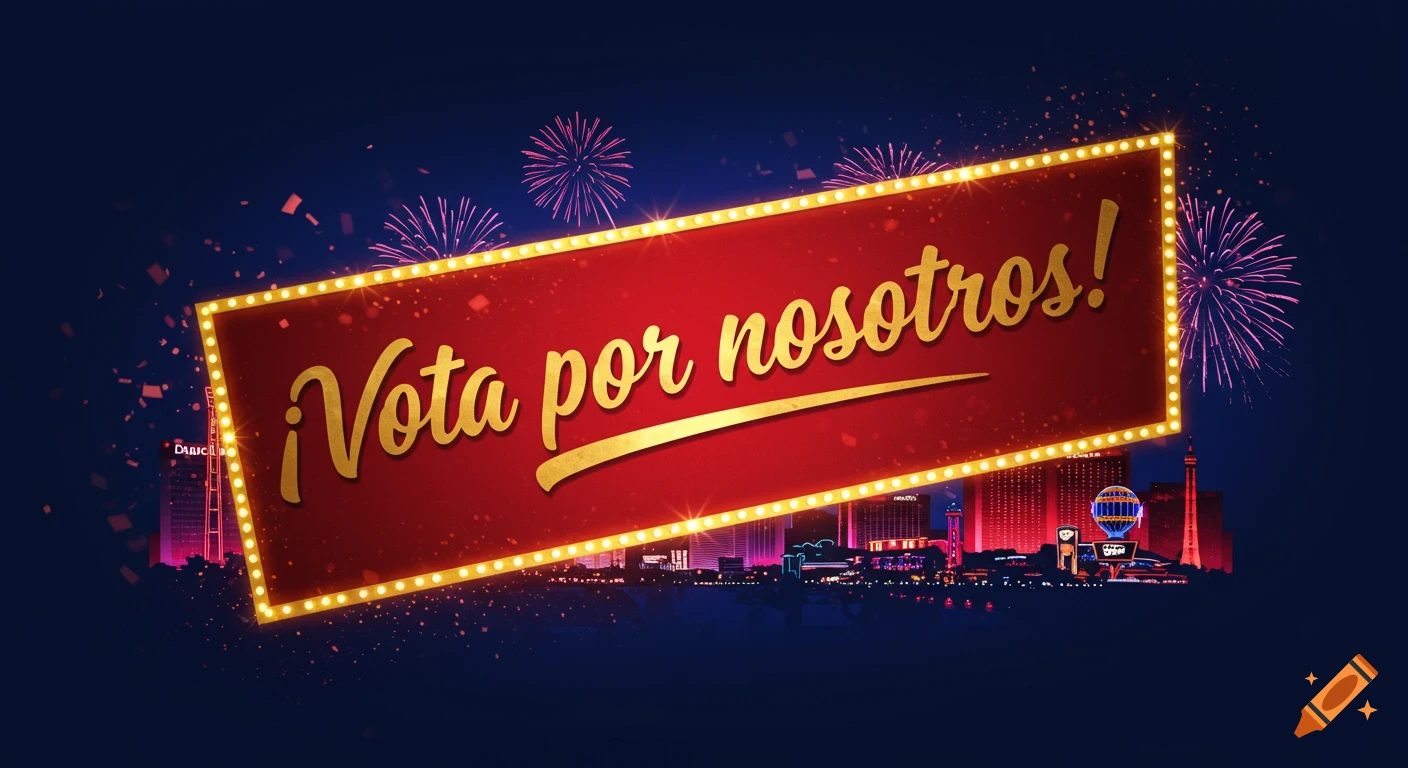 A red banner with " R2 Vota por nosotros! R2 " (Vote for us!) in gold script, framed by bright lights, above a vibrant Las Vegas cityscape with fireworks.