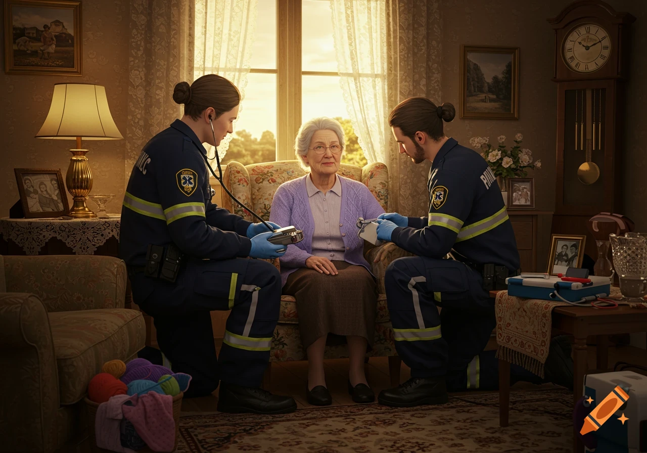 Two paramedics, a man and a woman, attend to an elderly woman sitting in an armchair in a sunlit living room.