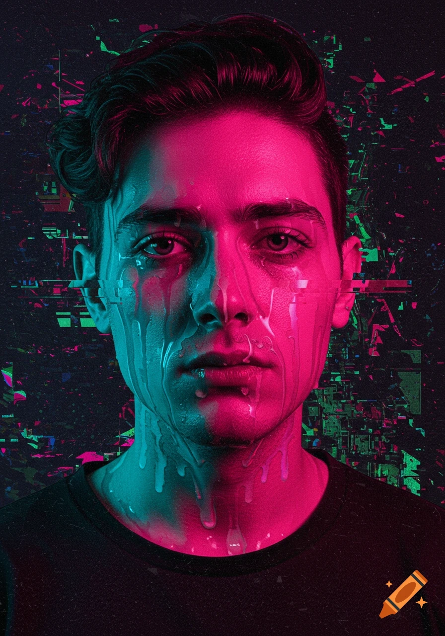 Close-up portrait of a person with melting features, illuminated by split pink and teal light, against a dark, glitchy background.