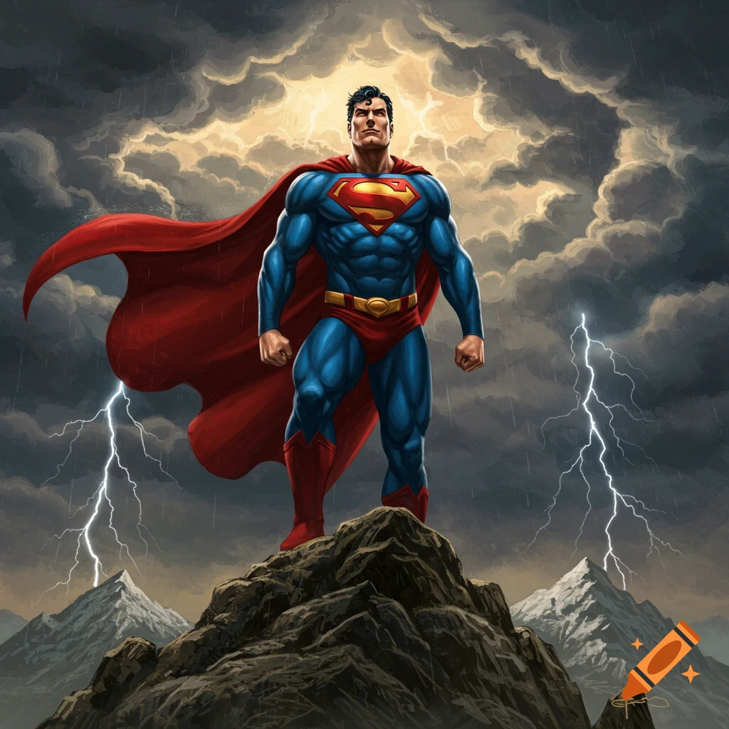 Superman stands heroically on a mountain peak, bathed in light against a stormy sky with lightning.