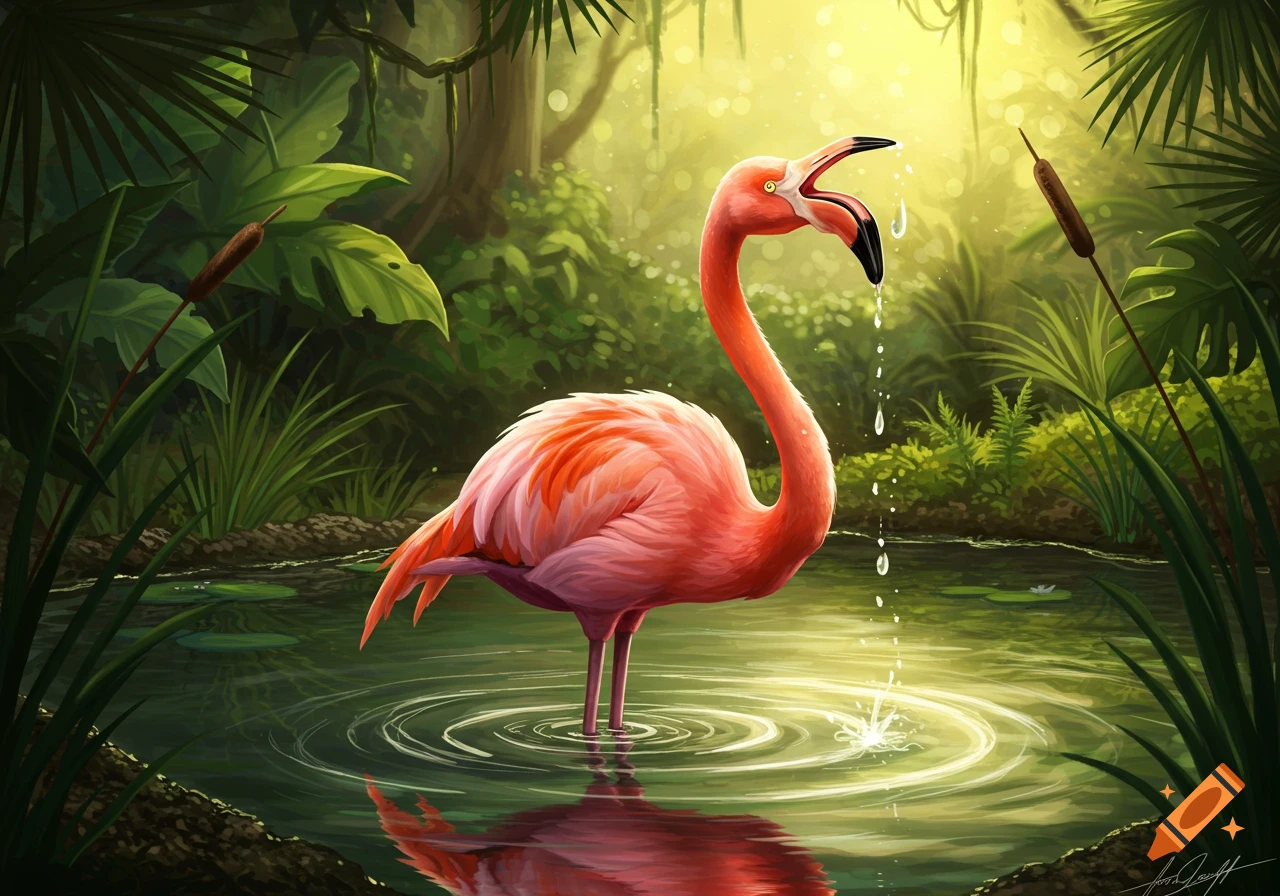 A pink flamingo stands in a lush, sun-dappled jungle pond, its beak open with water dripping down.
