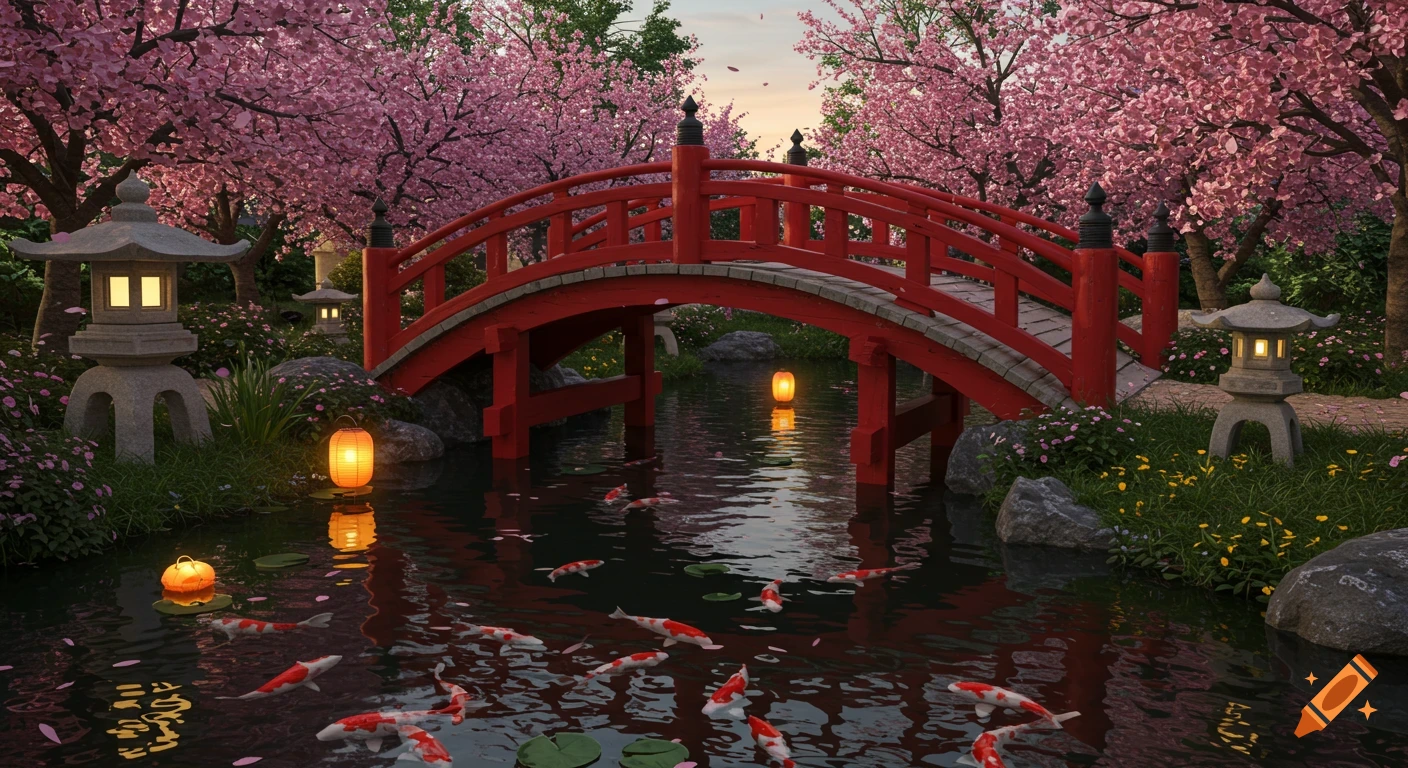 A serene Japanese garden with a red arched bridge over a koi pond, surrounded by pink cherry blossom trees and stone lanterns.