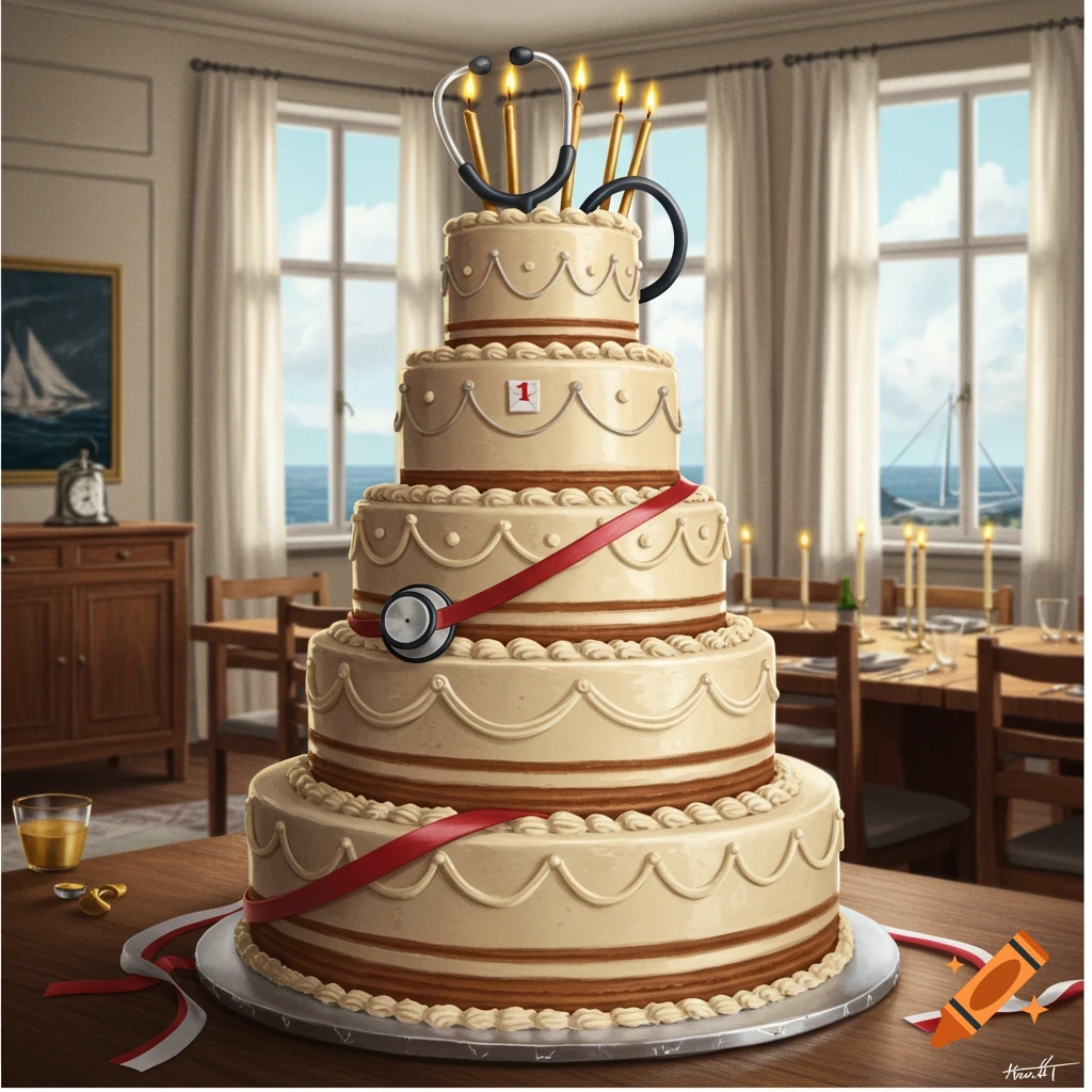 An elaborate multi-tiered birthday cake, decorated with a stethoscope and lit candles, sits on a table in a room with large windows overlooking the sea.