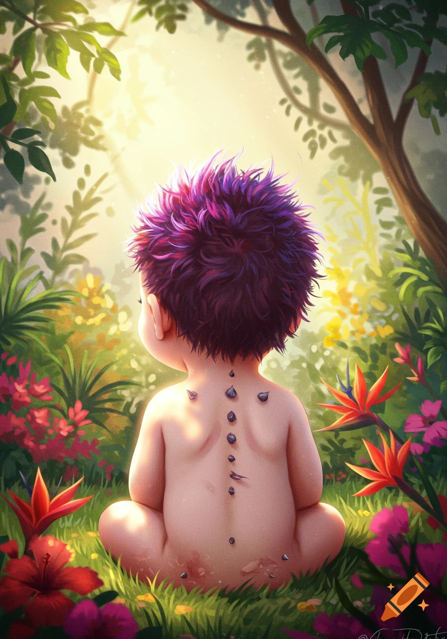 A child with spiky purple hair and small dark protrusions on their back sits in a lush, sunlit jungle garden filled with colorful flowers.