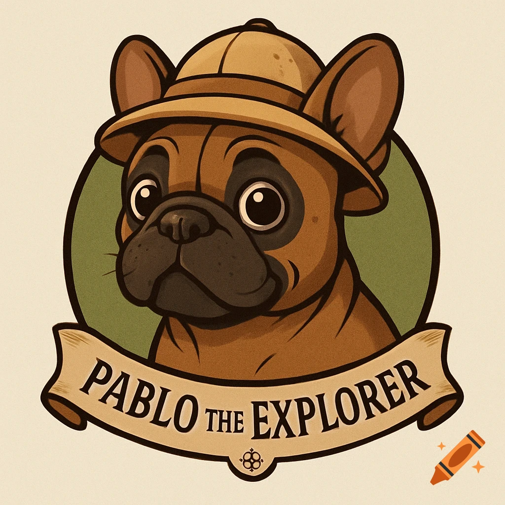 Cartoon French Bulldog wearing an explorer hat in a circular badge with 'Pablo the Explorer' on a banner.