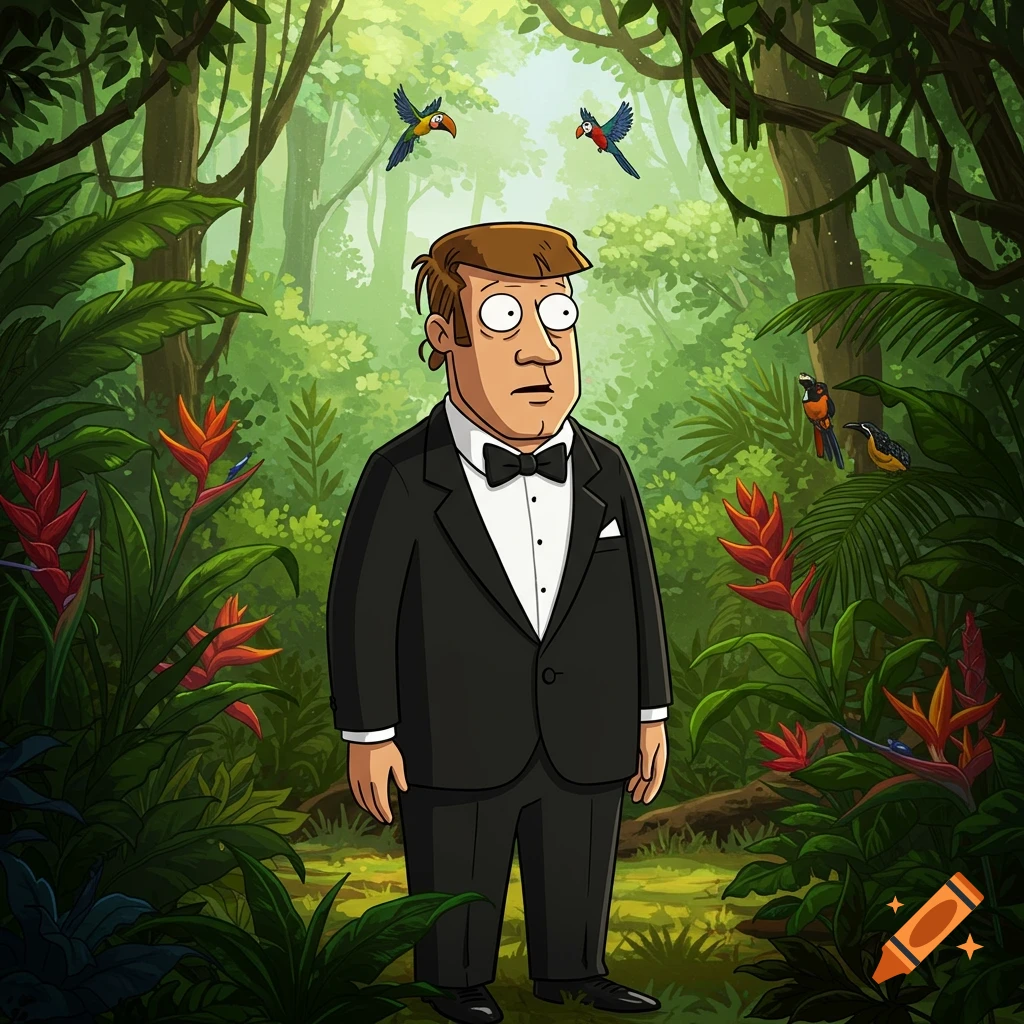 Cartoon man resembling Hank Hill in a tuxedo standing in a lush jungle with parrots flying.