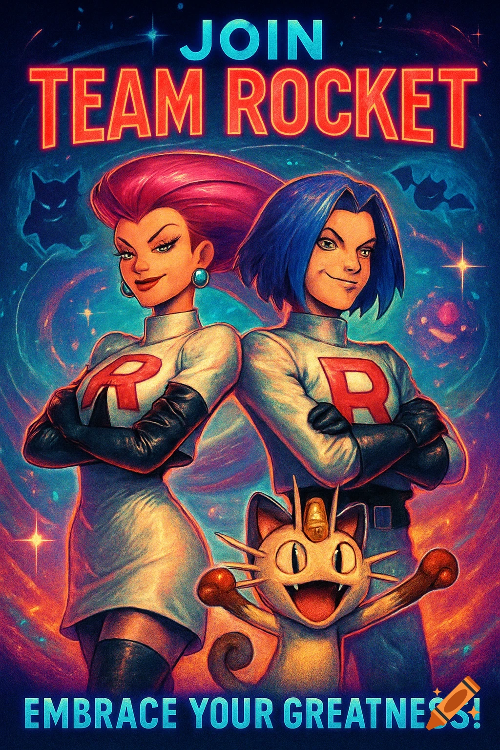 Vibrant recruitment poster for Team Rocket featuring Jessie, James, and Meowth. Text reads 'JOIN TEAM ROCKET' and 'EMBRACE YOUR GREATNESS!'.