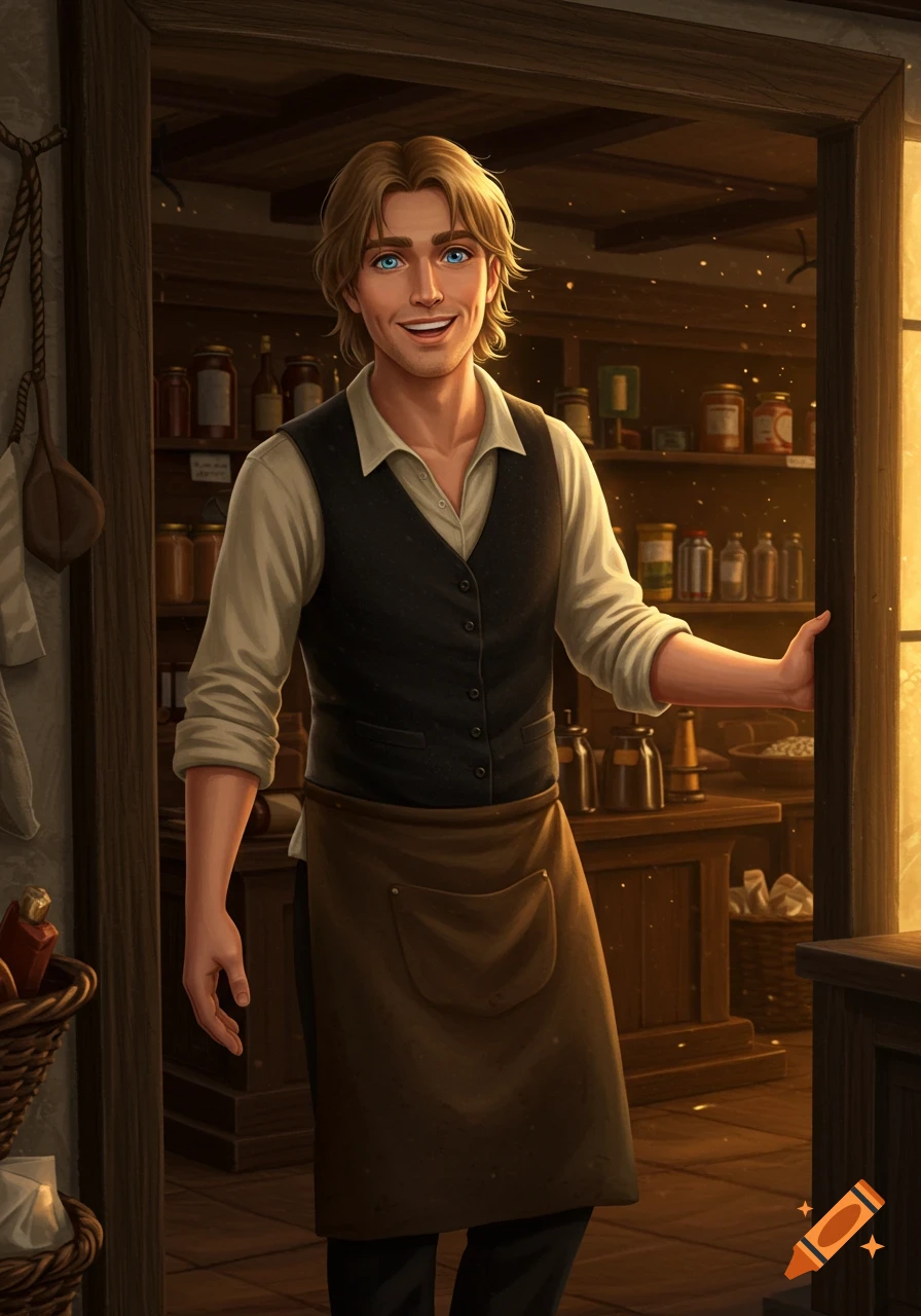 A smiling young man with sandy blonde hair and blue eyes, wearing a vest and apron, stands in the doorway of a cozy, warmly lit village shop.