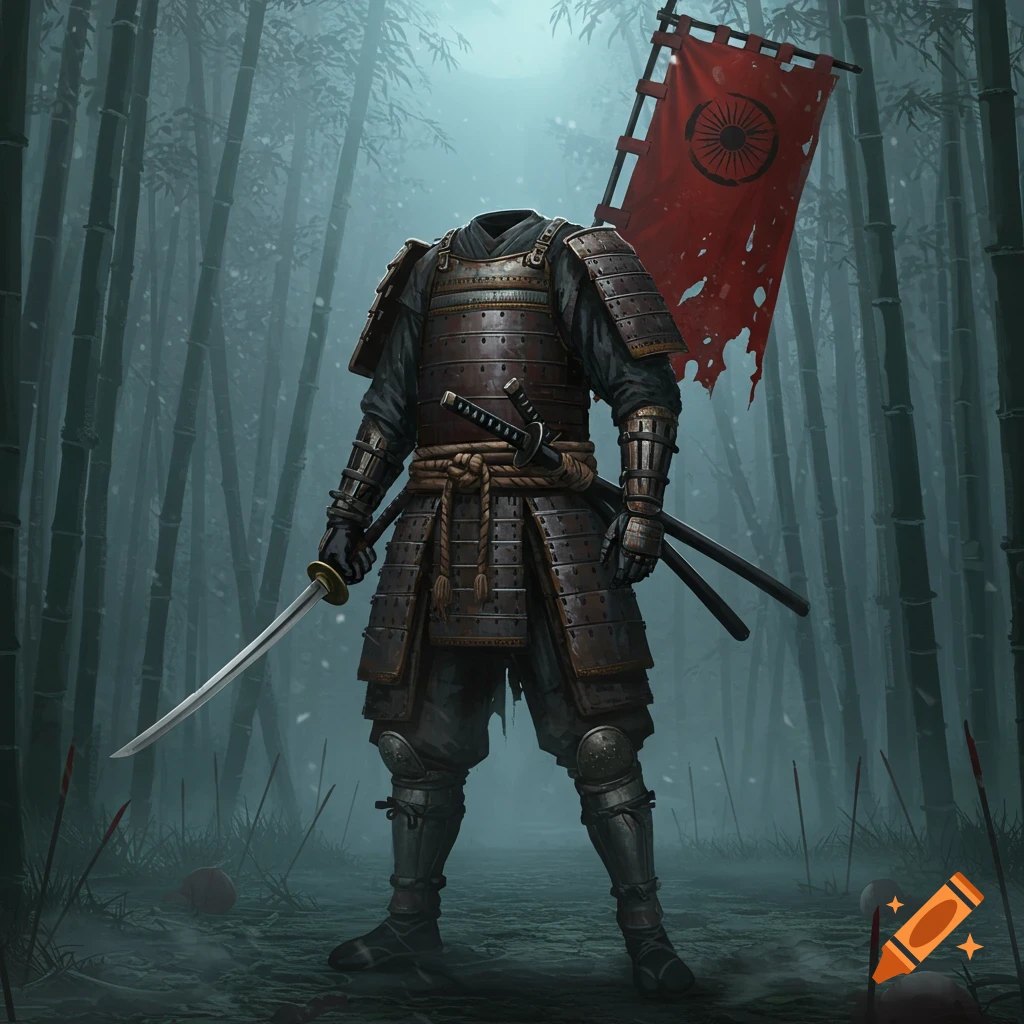 A headless samurai in intricate armor stands with a katana in a misty bamboo forest, a tattered red flag behind them.