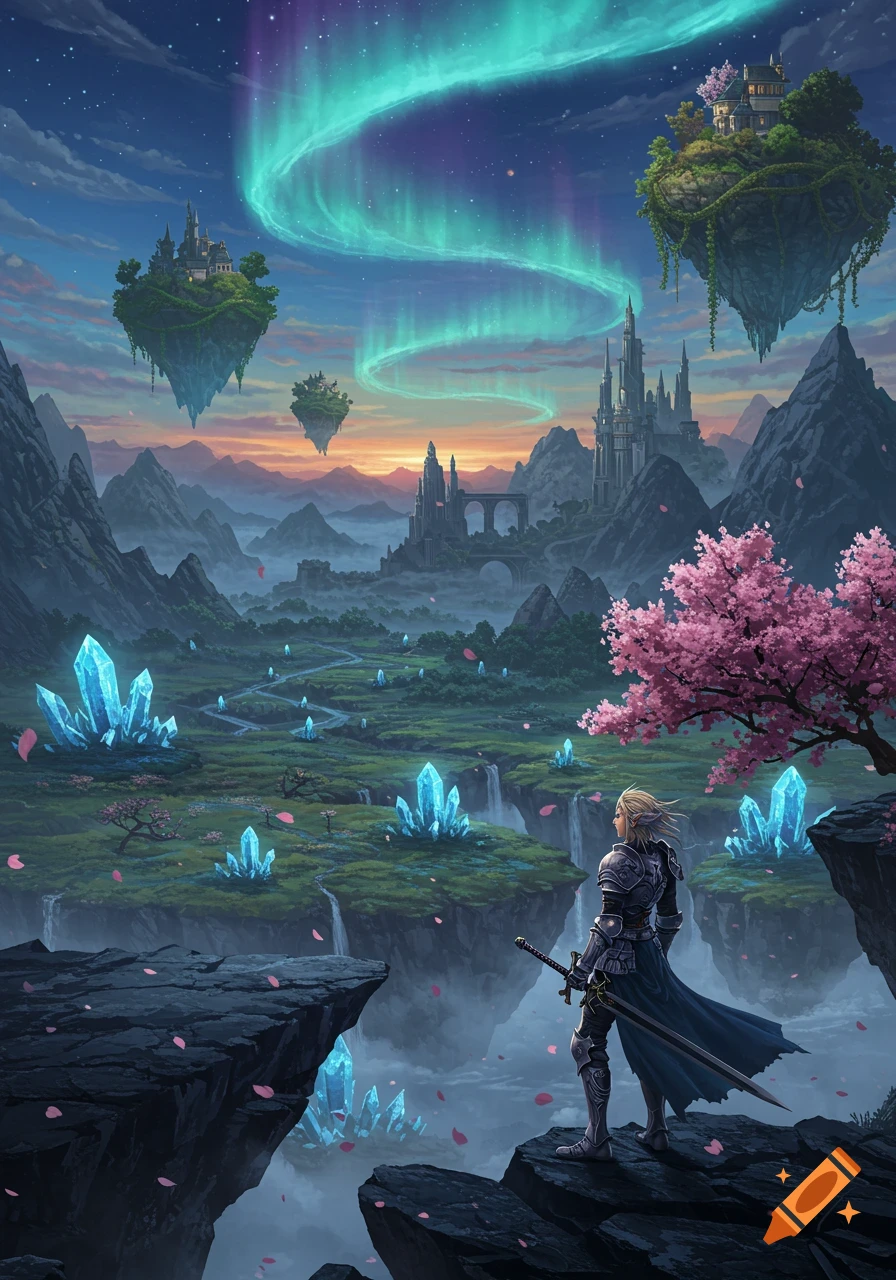 A lone armored warrior stands on a cliff overlooking a fantastical landscape with floating islands, castles, glowing blue crystals, and a vibrant aurora in the sky.