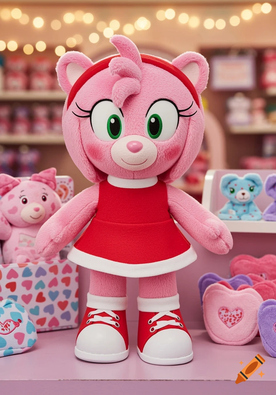 A photorealistic image of a pink plush toy resembling a bear wearing a red dress and red sneakers, in a toy store.
