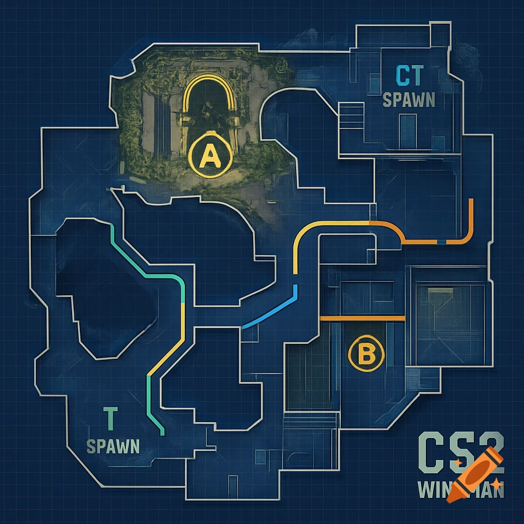 A top-down blueprint map layout for CS2 Wingman game mode, showing spawn points and bomb sites A and B.