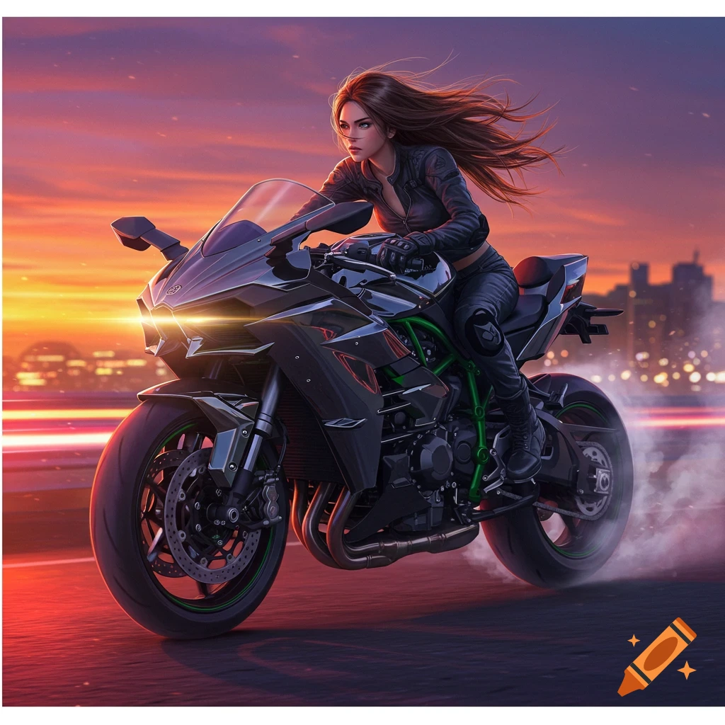 A female character in a leather suit rides a black motorcycle with green accents at sunset, digital art.
