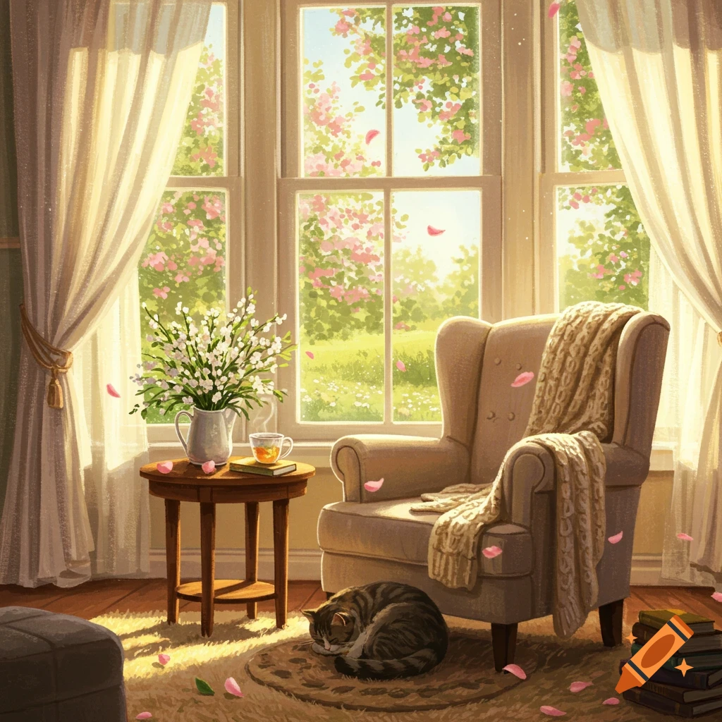 A cozy, sunlit room with a sleeping cat, armchair, flowers on a table, and a window looking out to a blooming garden.