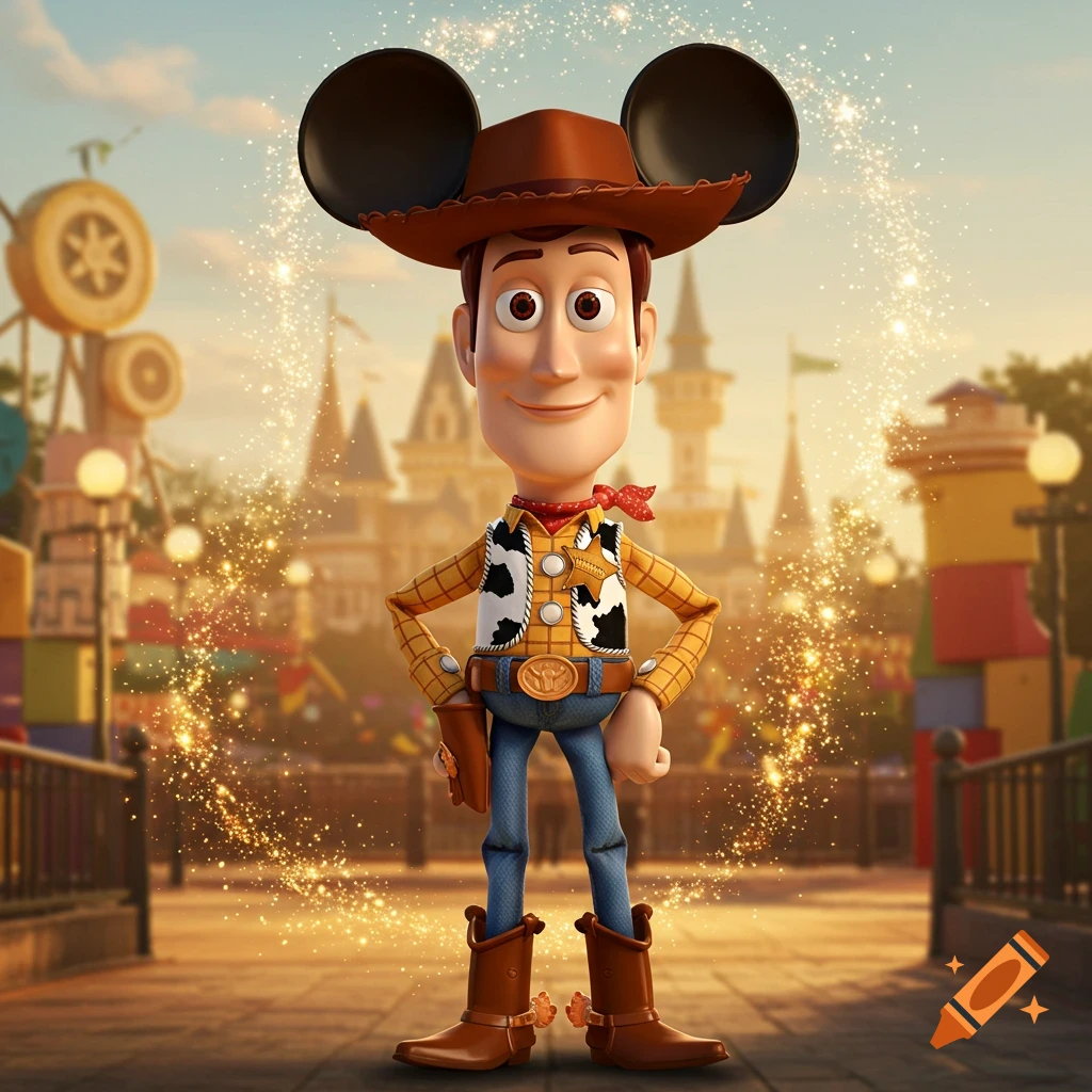 Woody from Toy Story wearing Mickey Mouse ears, standing in a sparkling theme park with a castle in the background.