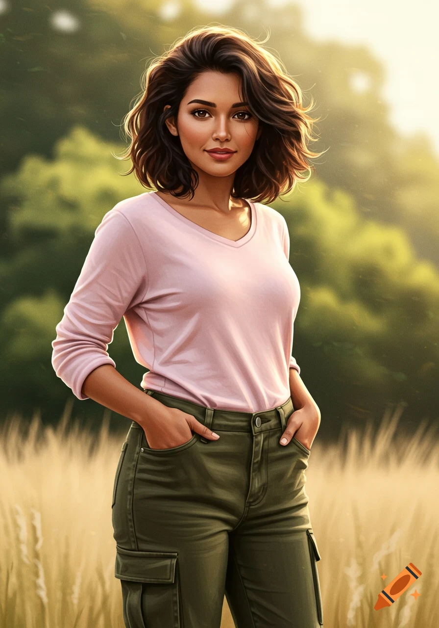 A smiling mixed-race woman with short dark hair, wearing a pink shirt and cargo jeans, stands in a sunny field.