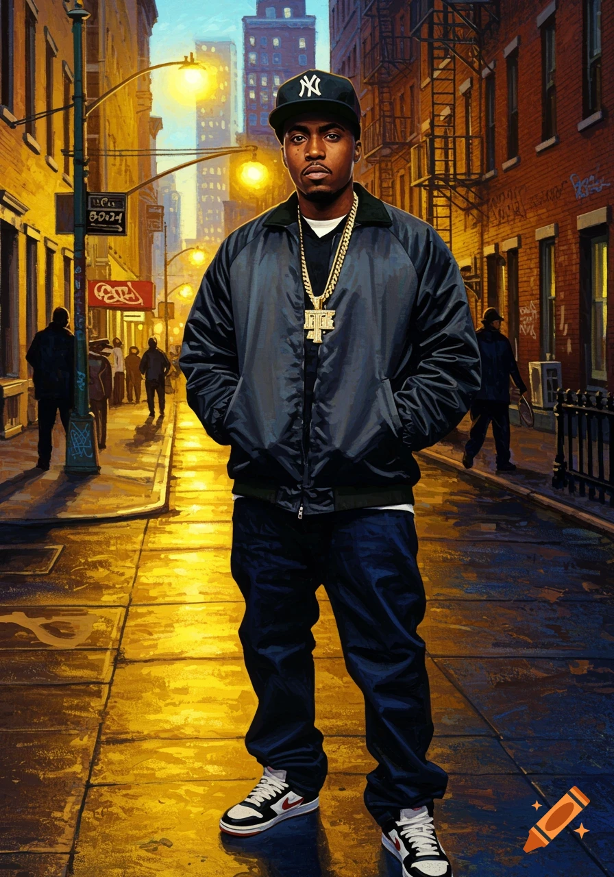 A full-body painterly portrait of a man wearing a black Yankees cap, bomber jacket, and jeans, standing on a wet, illuminated city street at night.