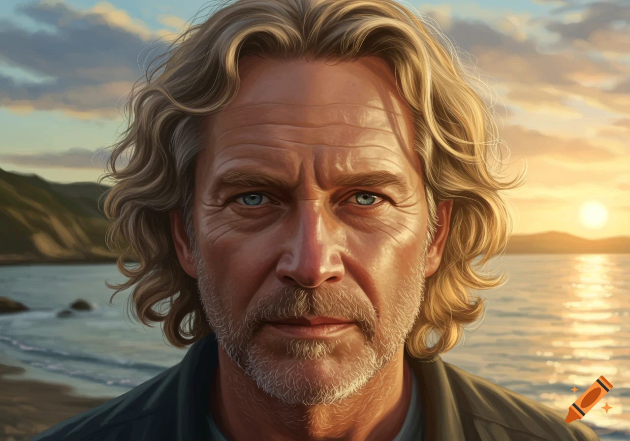 Close-up portrait of an older man with wavy blond hair and a beard, with a beach sunset in the background.
