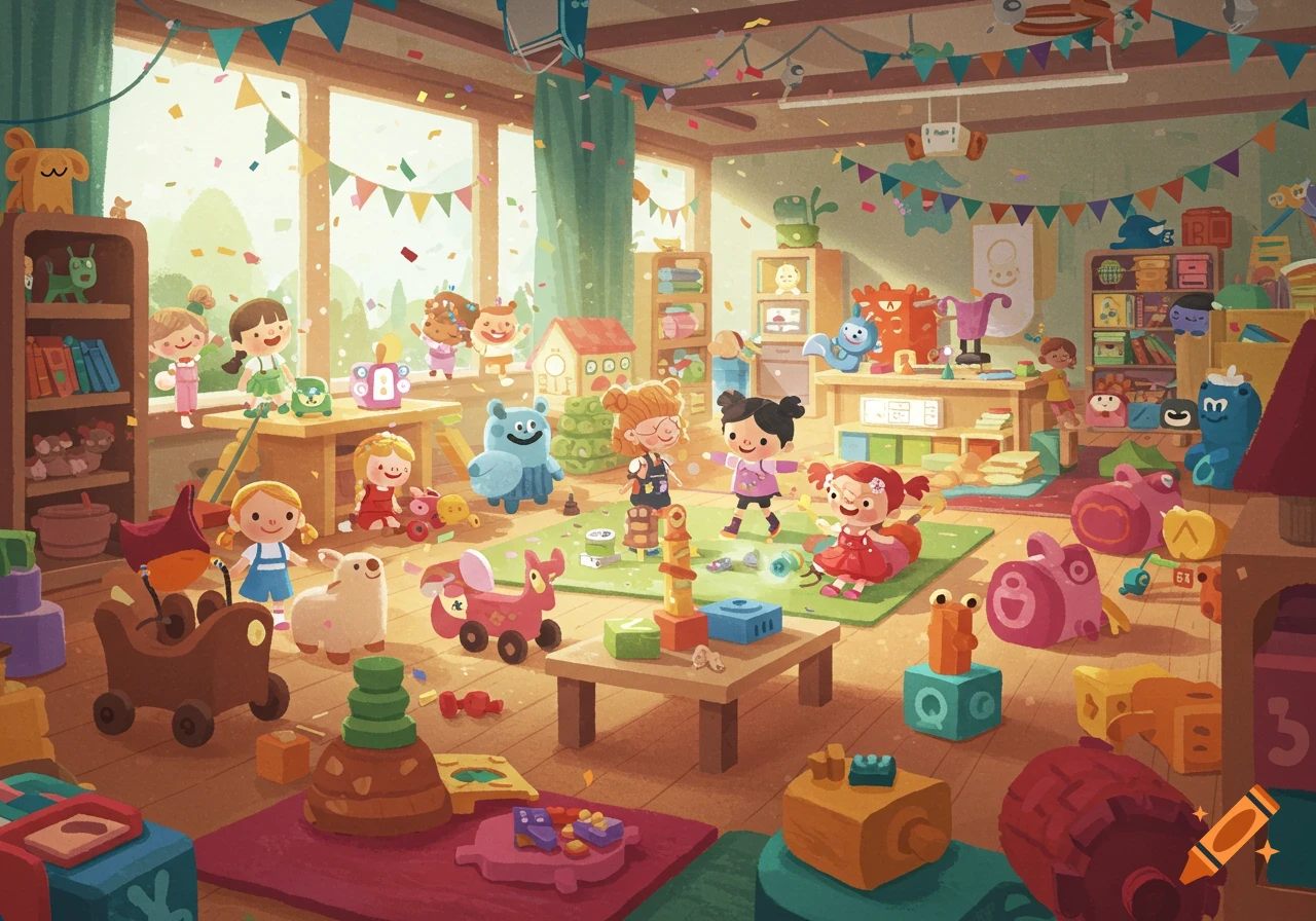 A colorful cartoon illustration of a lively playroom filled with children, toys, and confetti. Several kids are playing amidst building blocks, wooden toys, and plush characters.