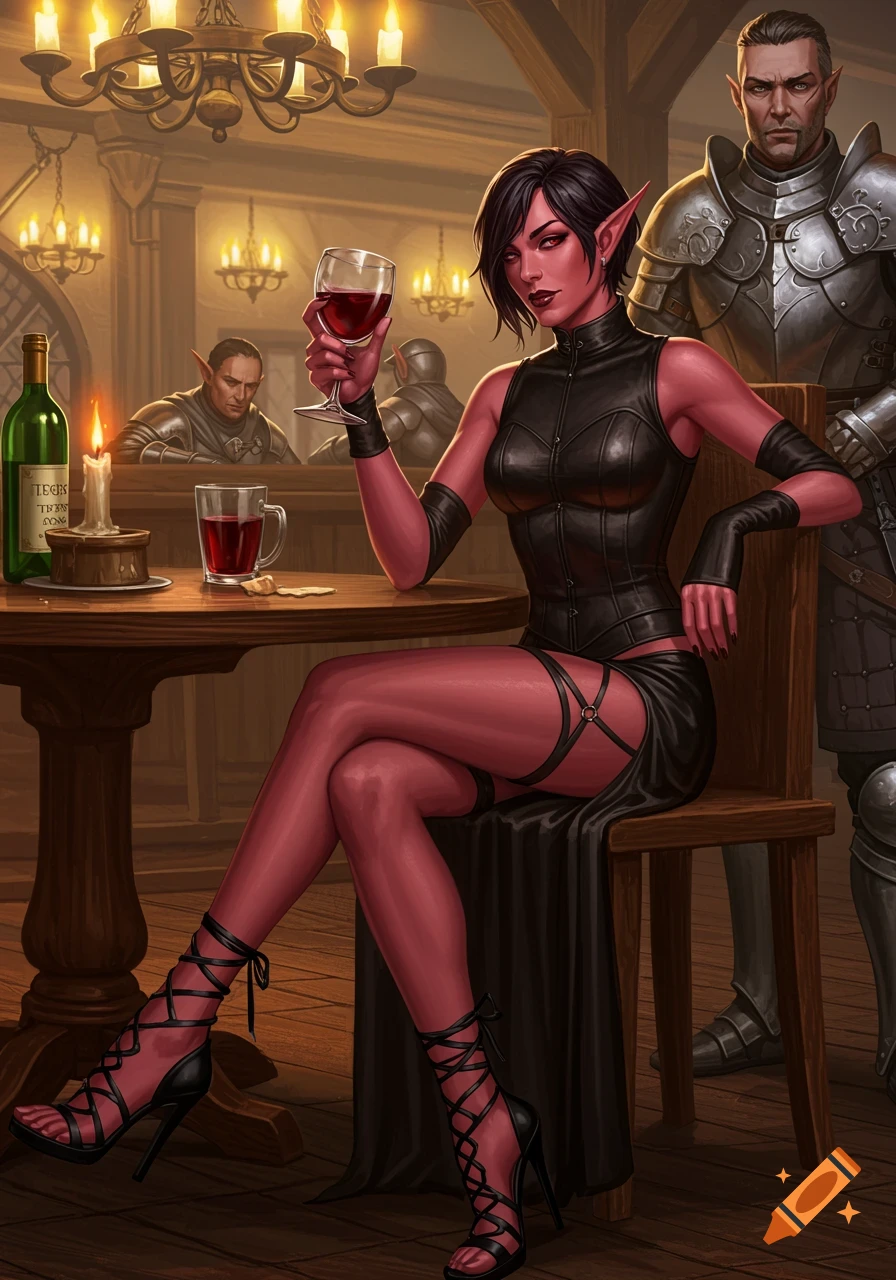 A red-skinned female elf in a black leather outfit sits at a tavern table holding a wine glass, with a guard standing by.