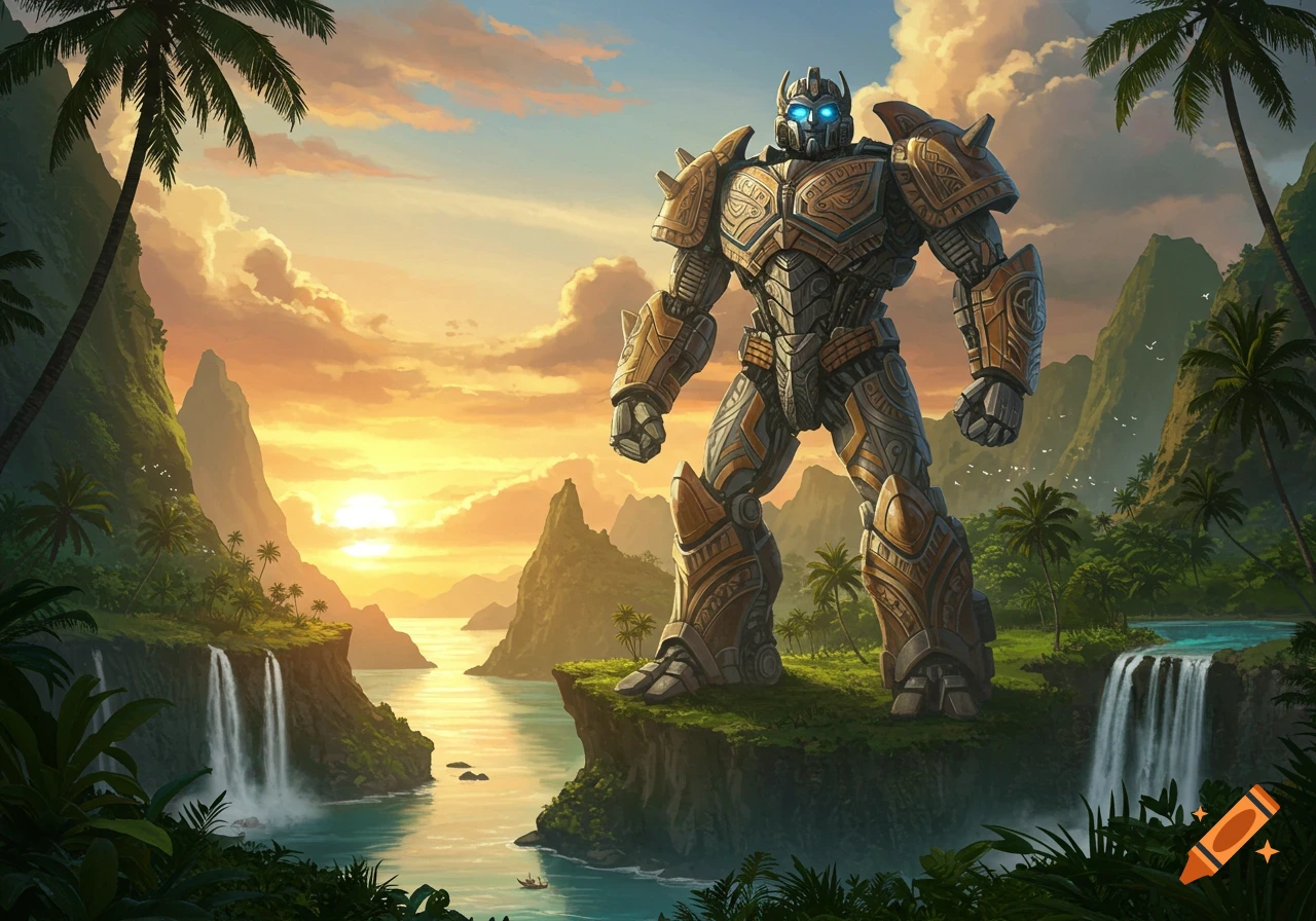 A giant, decorated robot with glowing blue eyes stands on a tropical cliff overlooking waterfalls and water at sunset.