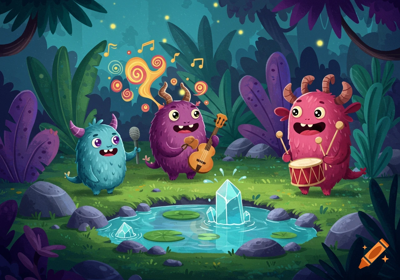 Three colorful cartoon monsters play music in a whimsical, dark fantasy forest with a glowing crystal pond.