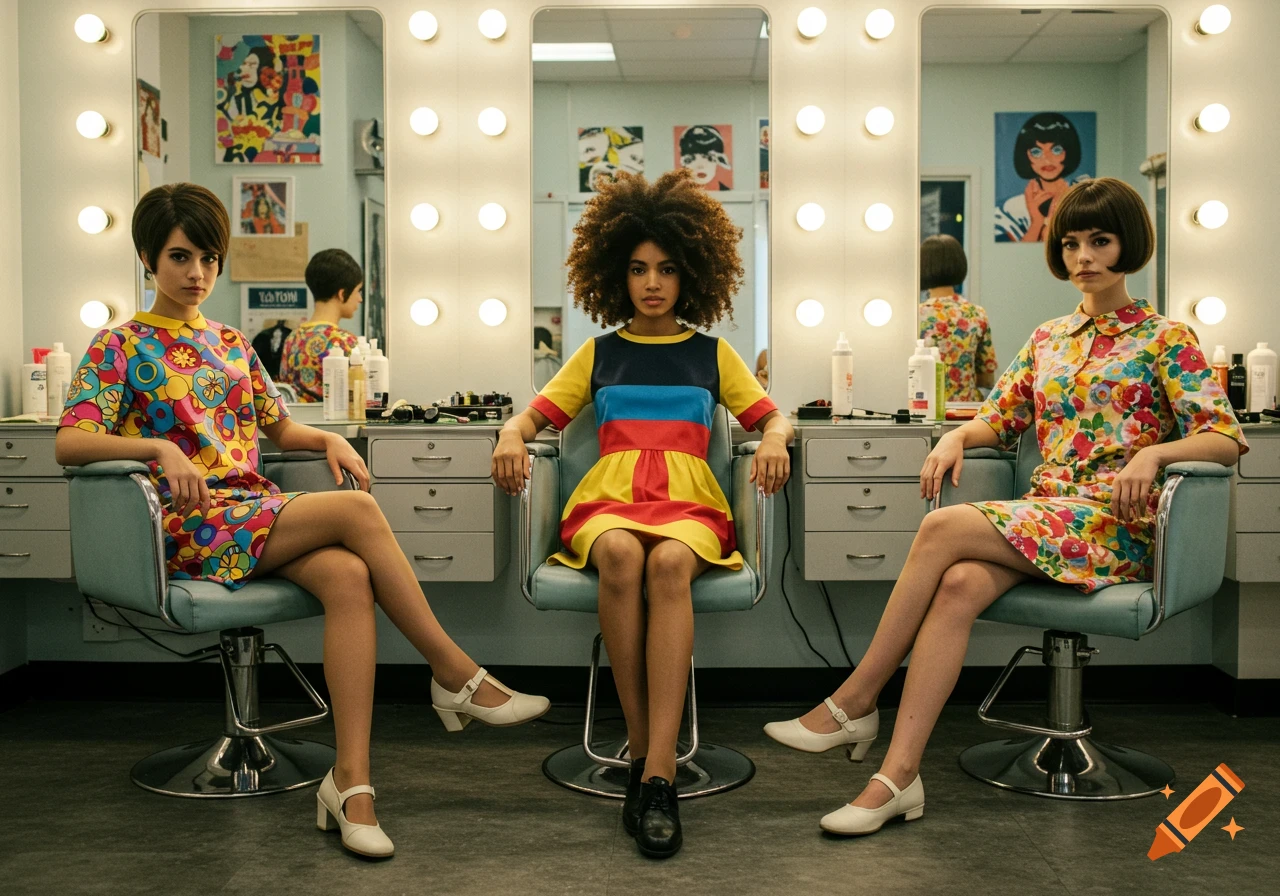 Three young women in 1960s mod dresses and hairstyles sit in a brightly lit beauty salon.