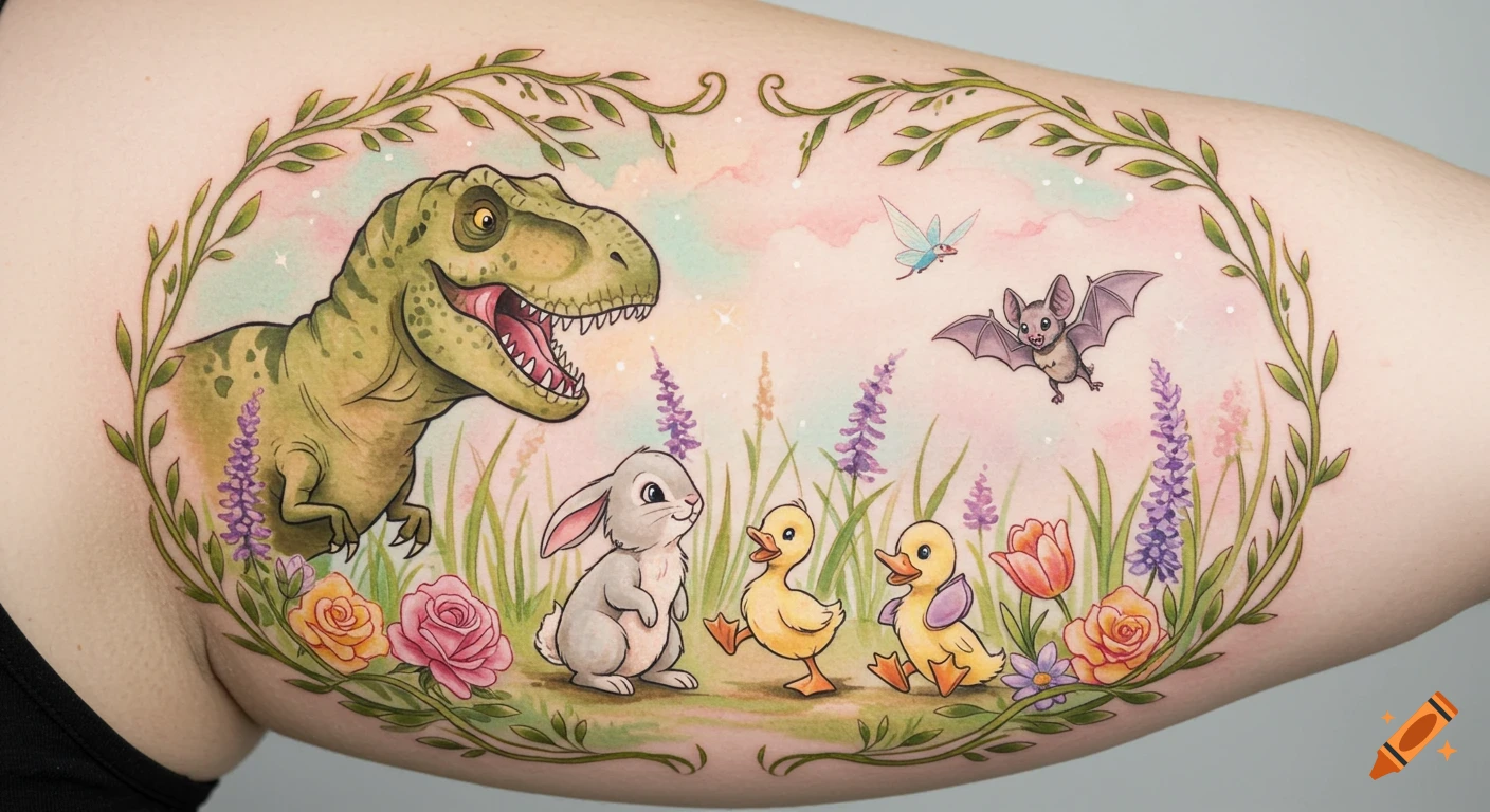 A vibrant watercolor tattoo on an arm depicts a T-Rex, bunny, two ducklings, and a bat within a floral vine frame.