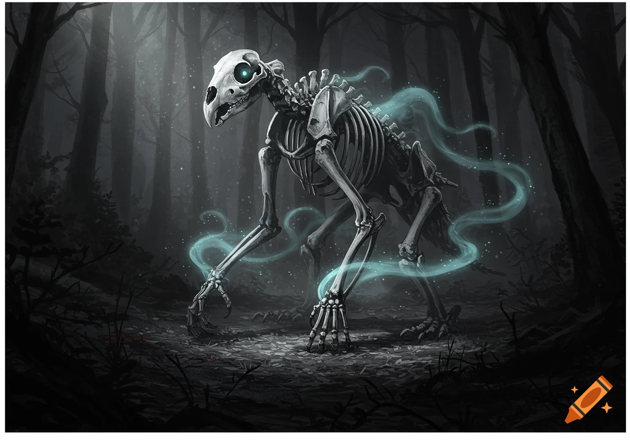 A glowing-eyed skeletal owlbear creature stands in a dark, mystical forest with blue mist around its limbs.