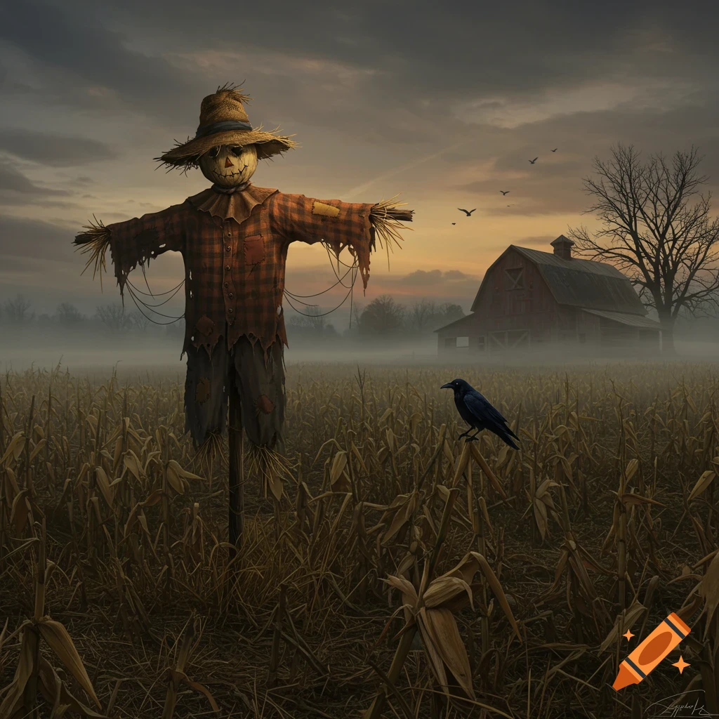 A scarecrow stands in a cornfield with a crow on a stalk, and a red barn in the misty background under a cloudy sky.
