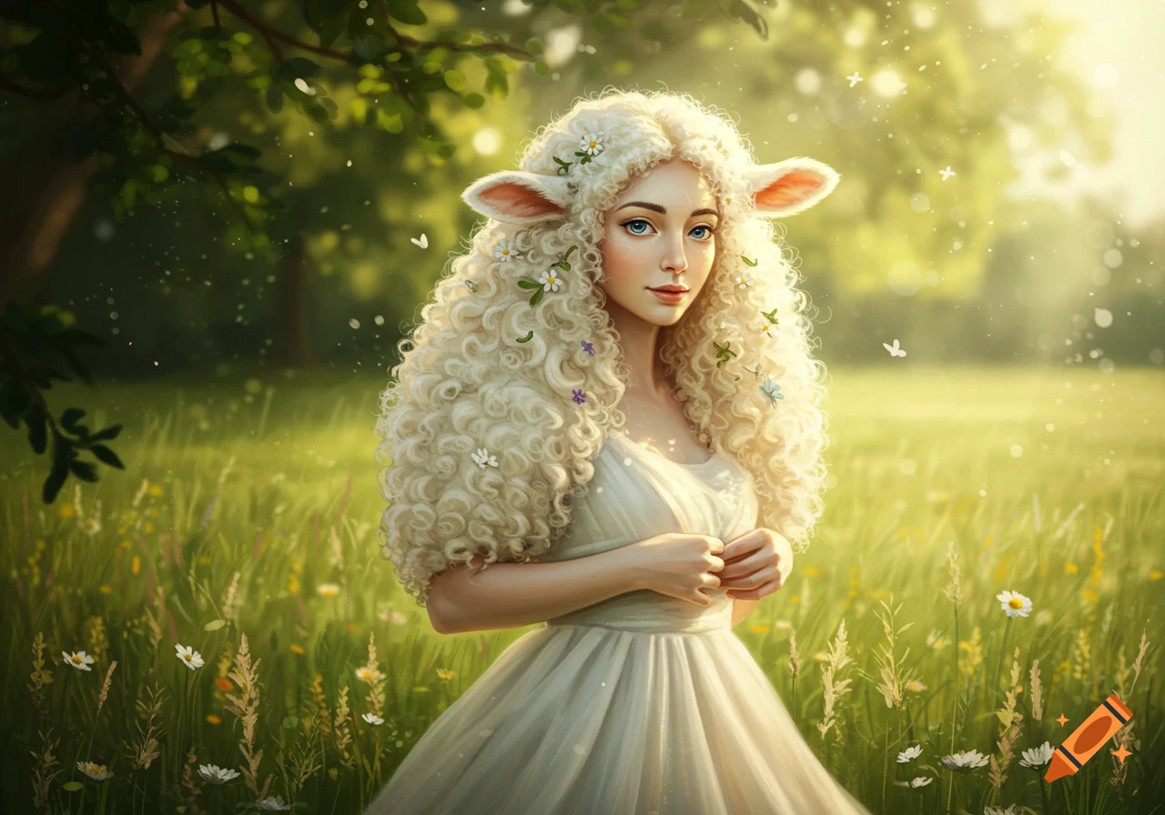 A fantasy woman with sheep ears and curly, wool-like blonde hair in a white dress stands in a sunlit meadow.
