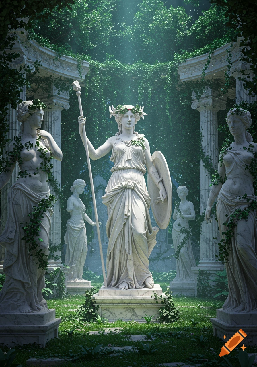 Photorealistic image of classical statues amidst overgrown ancient ruins, bathed in ethereal light.