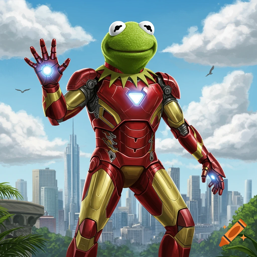 Kermit the Frog wearing an Iron Man suit, raising a glowing hand, with a city skyline in the background.