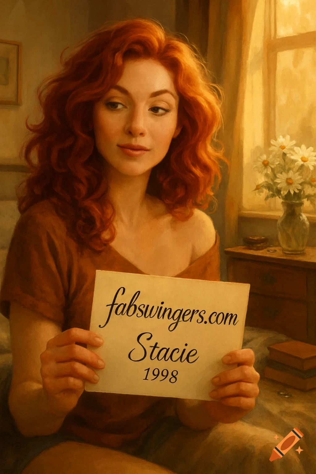 A red-haired woman in a brown shirt holds a paper with "fabswingers.com Stacie 1998" written on it, sitting in a sunlit bedroom with flowers.
