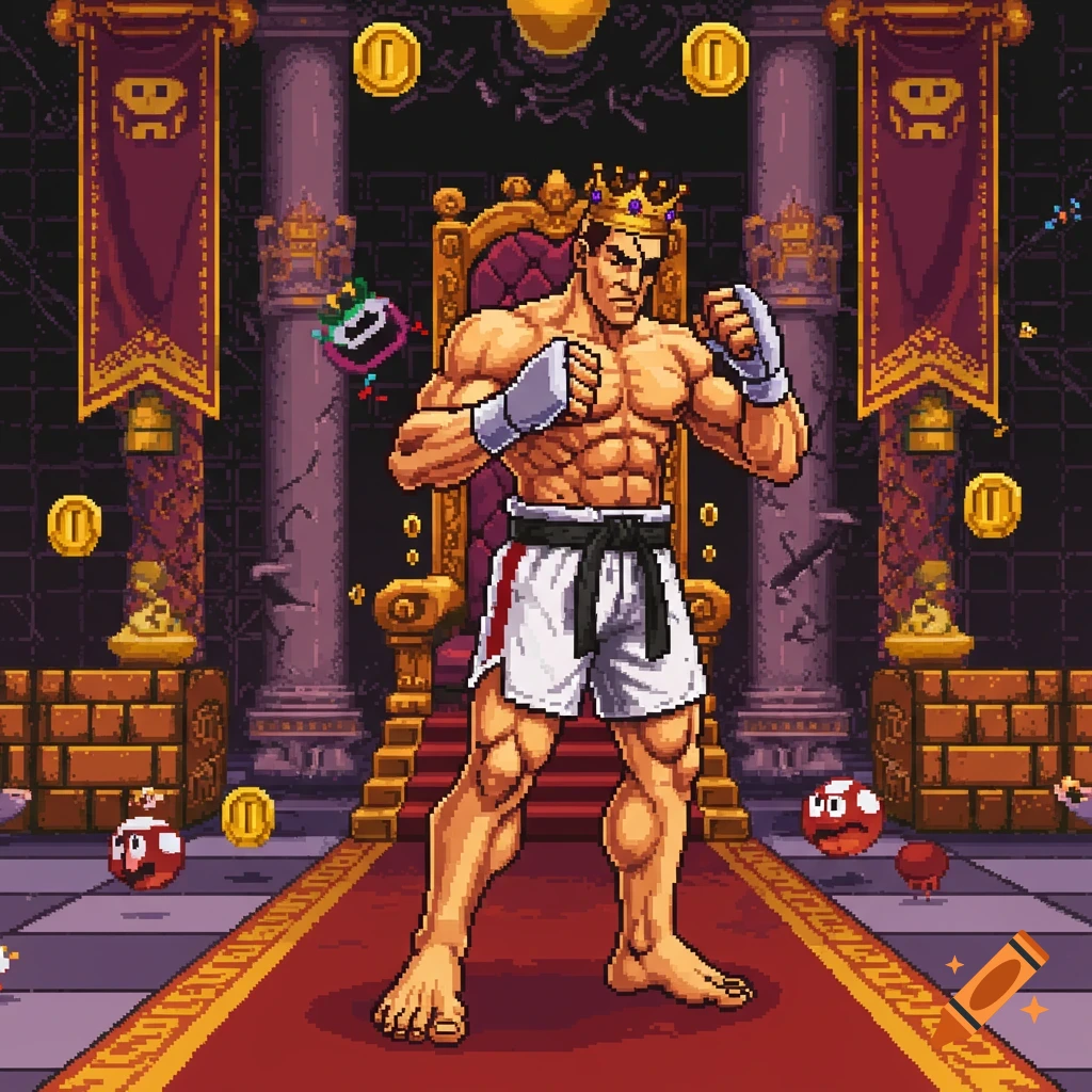 Pixel art of Sagat, a muscular fighter with an eye patch and crown, in a castle throne room with gold coins and Mario-like enemies.