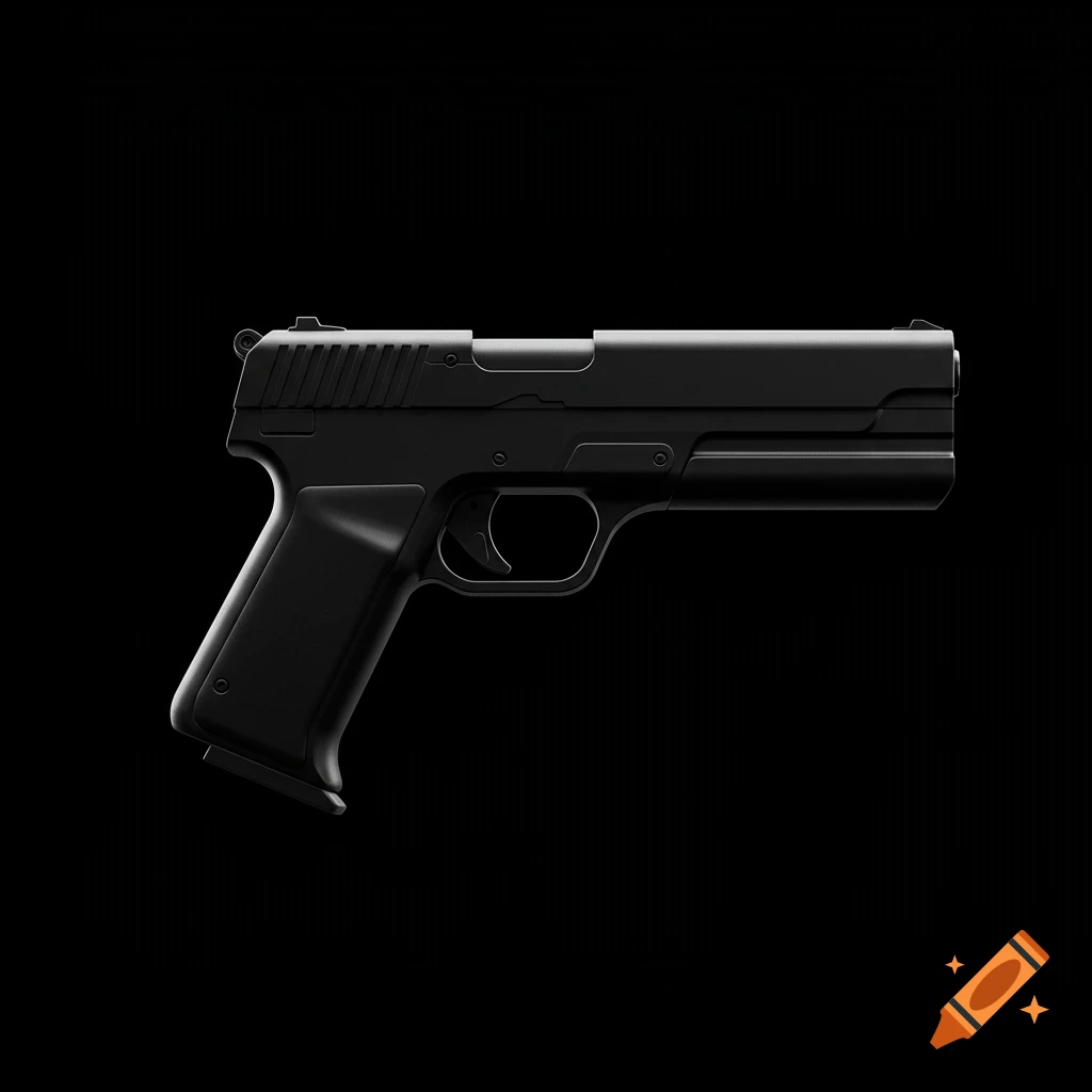Sleek, dark blaster pistol against a black background.