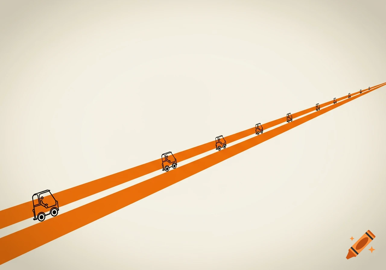 A simple illustration of small orange street sweeper vehicles with black outlines driving on parallel orange strips on a light background.