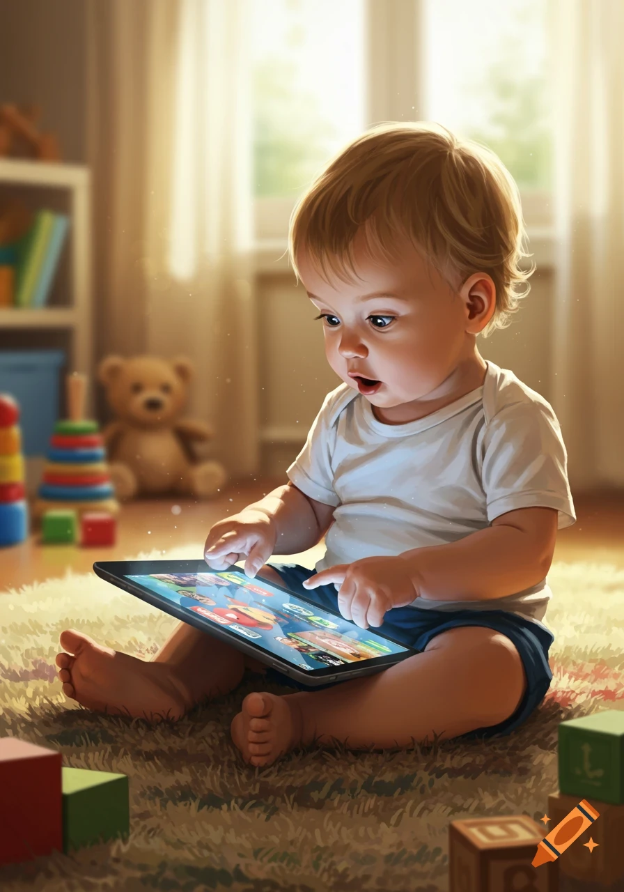 A photorealistic painting of a curious baby sitting on a rug and using a tablet, surrounded by toys in a sunlit room.