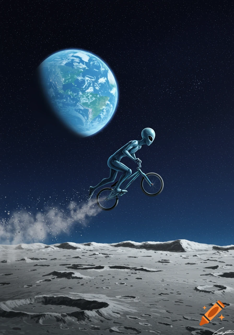 An alien on a BMX bike jumps on the moon with Earth in the background, in an illustrated style.