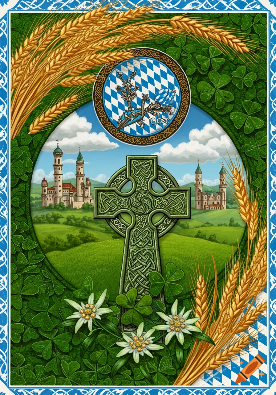 An illustration of a green Celtic cross, shamrocks, and Edelweiss flowers with castles, wheat, and a Bavarian emblem in the background.