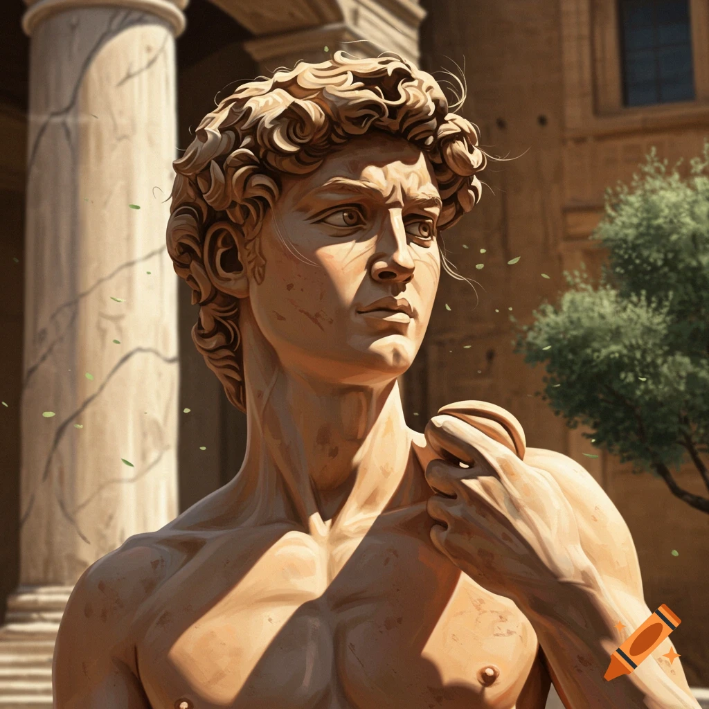 Close-up of a human-like marble statue of a muscular man resembling David, with classical architecture in the background.