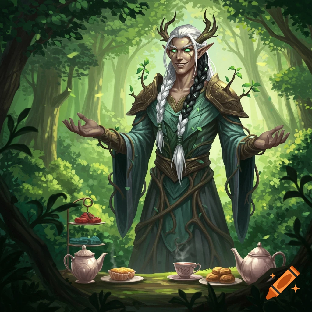 An antlered elf-like figure in a vine robe welcomes in an enchanted forest with tea and pastries.
